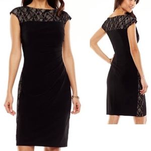 Chaps Black Cap Sleeve Boat Neck Illusion Lace Yoke Sheath Dress size Medium